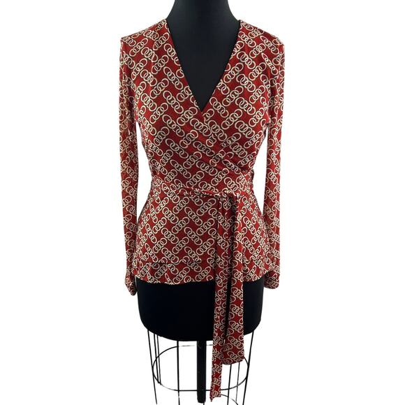 CABI Red White Top Stretch Signet Chain Ringleader Wrap Tie Plunge Neck Size XS - Picture 1 of 12